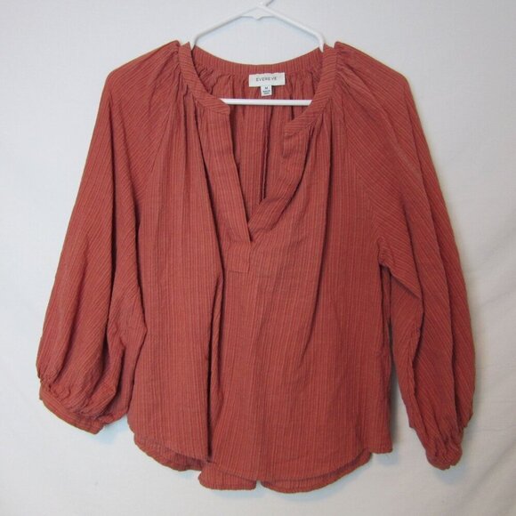 Evereve Burnt Orange Striped Peasant Cotton V-Neck Top Puff Sleeves Womens Med - Picture 1 of 5